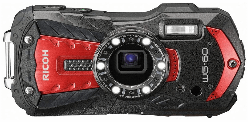 This is an image of a red and black Ricoh WG-60 Waterproof Camera with 16MP sensor and 6-LED Ring Light for macro photography