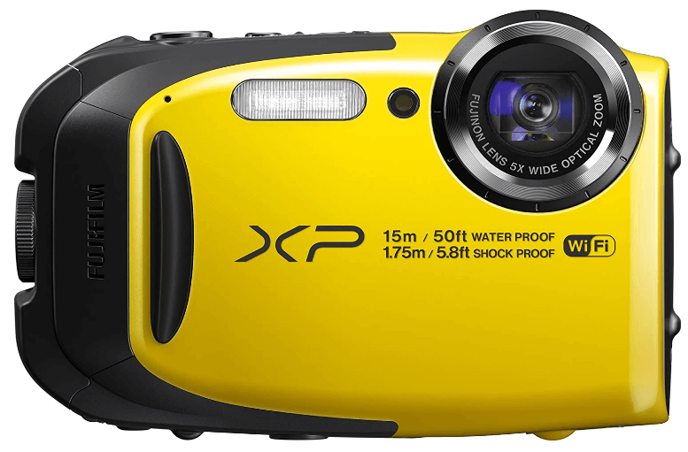 This is an image of a yellow Fujifilm FinePix XP80 Waterproof Digital Camera with 2.7-Inch LCD and 16.2 megapixel CMOS sensor