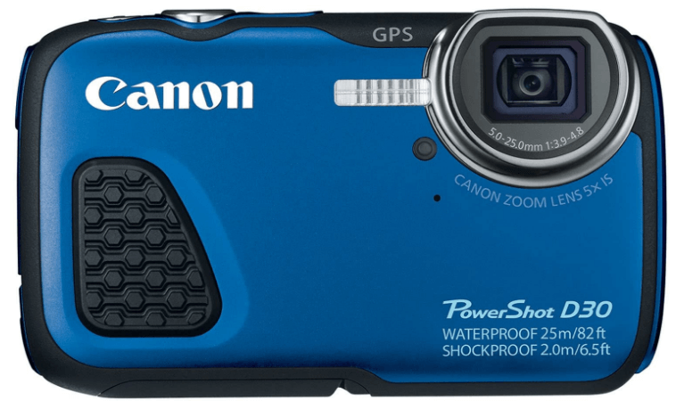 This is an image of a blue Canon PowerShot D30 Waterproof Digital Camera with 12MP CMOS sensor and 28-140mm lens