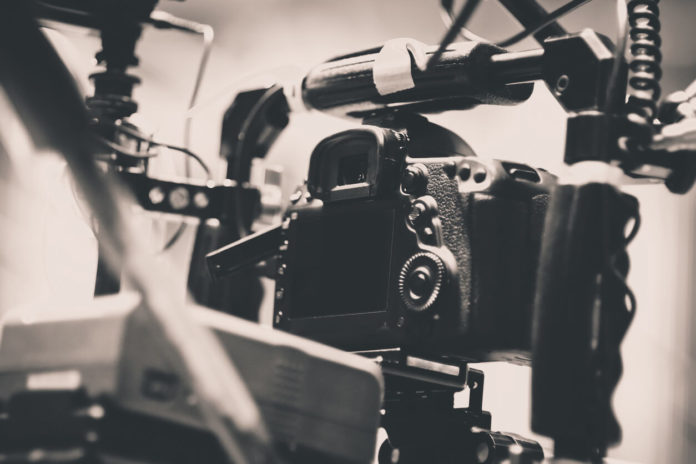 Camera on Film Set, Behind the scenes background, film crew production