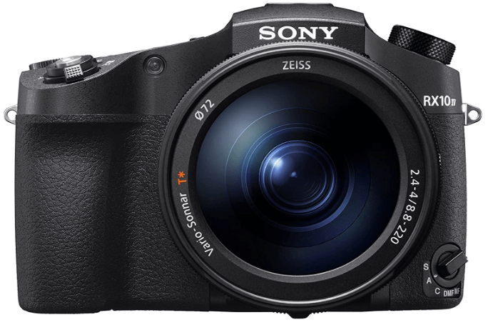 This is an image of a black Sony CyberShot RX10 IV digital camera with 25x Optical Zoom and 20.1MP sensor