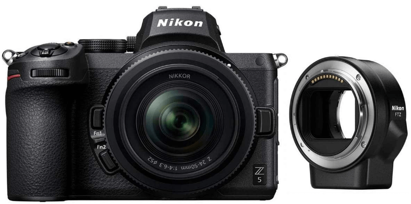 This is an image of a black Nikon Z5 Full Frame Mirrorless Camera with NIKKOR lens and FTZ Mount Adapter 