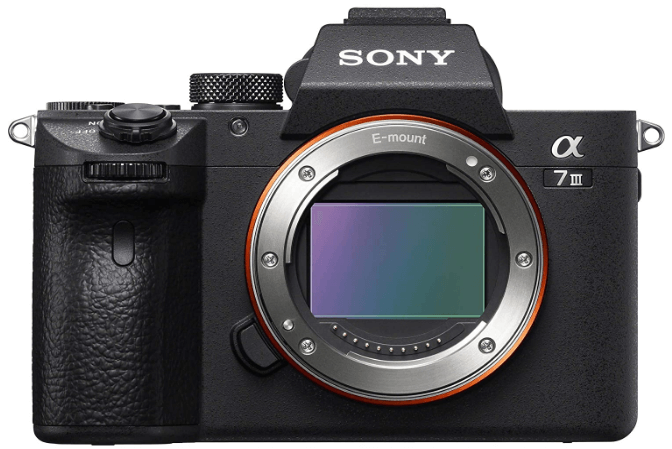 This is an image of a black Sony a7 III ILCE7M3/B Full-Frame Mirrorless digital Camera with 3-Inch LCD