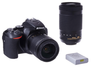 This is an image of a black Nikon D5600 DSLR with 18-55mm zoom and battery