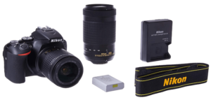 This is an image of a black Nikon D5600 DSLR with 18-55mm and 70-300mm lens bunbdle with battery