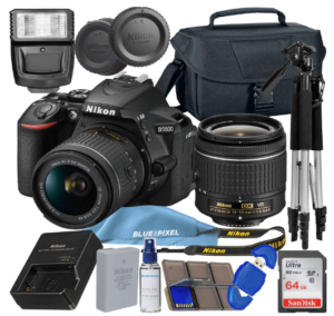 This is an image of a black Nikon D5600 DSLR Camera bundle including 18-55mm VR Lens, 64GB SDXC Memory Card, Tripod, Flash and battery charger