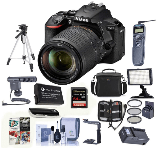This is an image of a black Nikon D5600 DSLR Camera bundle Kit with AF-S DX NIKKOR 18-140mm VR Lens, Black - Bundle with Camera Case, 64GB SDXC Card, Video Light, Spare Battery, Tripod, Software Package, battery charger and Wireless remote