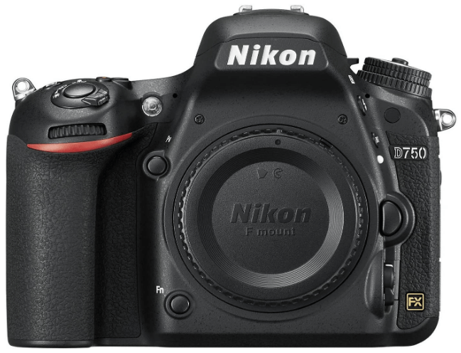 This is an image of a black Nikon D750 DSLR digital camera