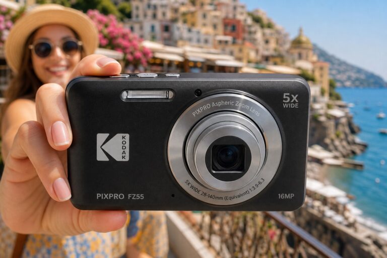 Kodak Pixpro FZ55 compact travel camera held in a sunny coastal tourist setting