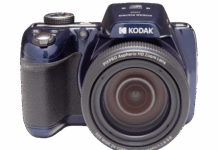 Kodak PIXPRO AZ528 Review: Is the 52x Zoom Worth It? Blue Kodak PIXPRO AZ528 bridge camera viewed from the front
