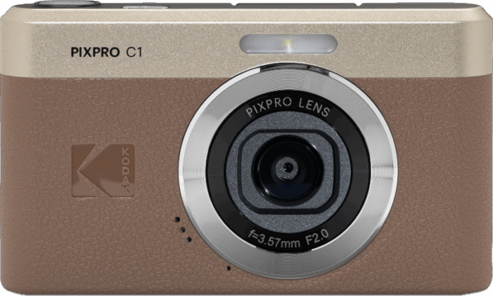 Brown Kodak PIXPRO C1 compact camera viewed from the front