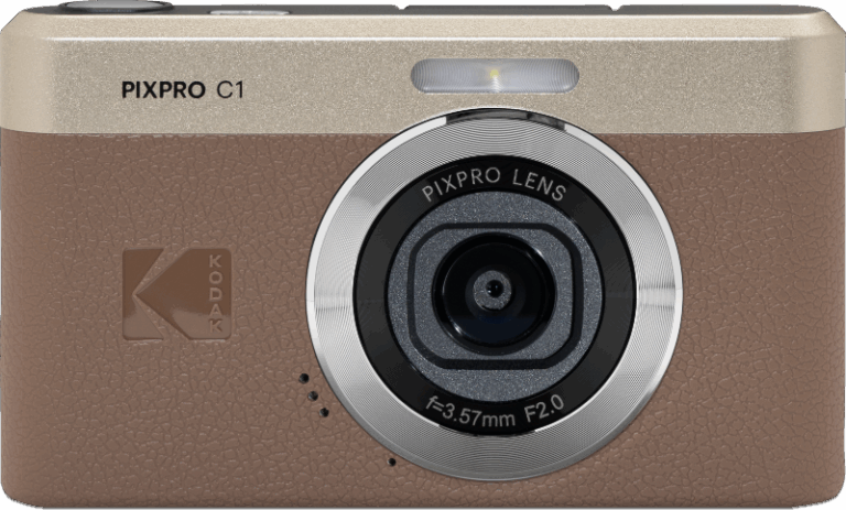Brown Kodak PIXPRO C1 compact camera viewed from the front