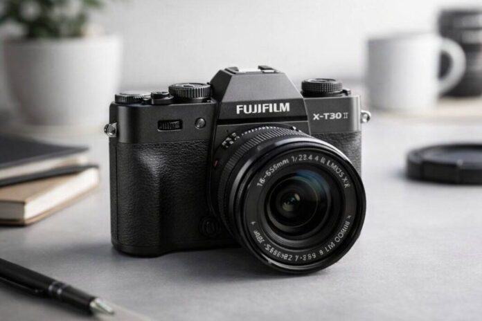 Fujifilm X-T30 II mirrorless camera with compact travel kit lens