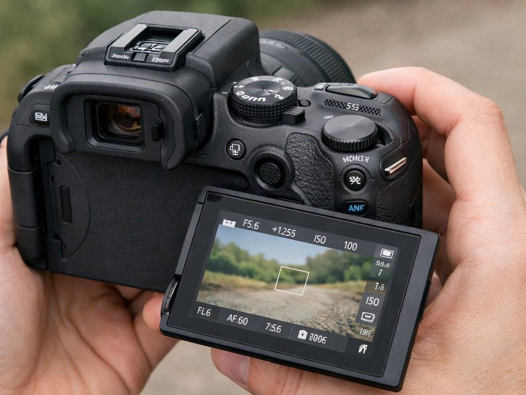 Canon EOS R10 body showing its grip, controls and electronic viewfinder