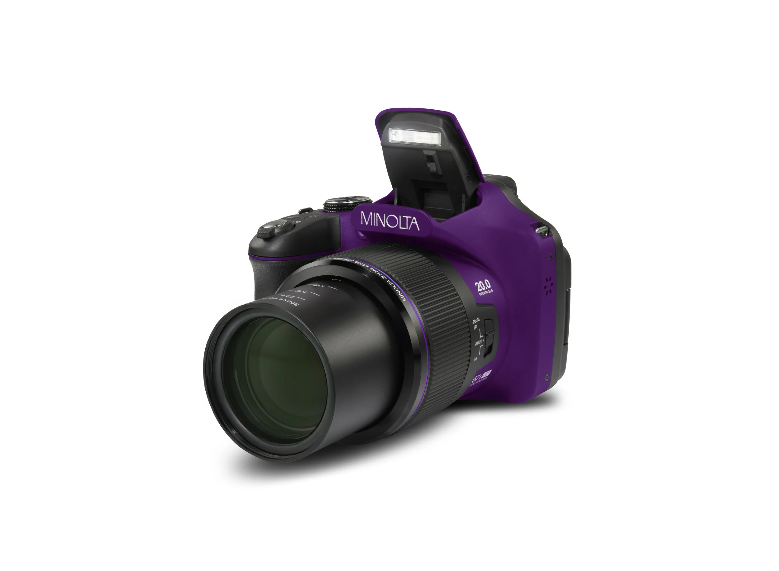 Purple Minolta MN67Z fixed-lens bridge camera