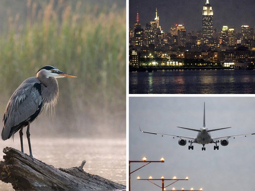 Heron, distant skyline, and aircraft photographed as superzoom subjects