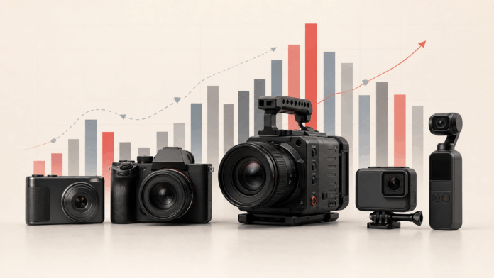 Camera Interest Index August 2026 Camera types arranged in front of a search interest chart
