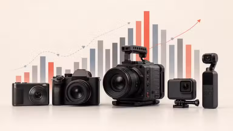 Camera types arranged in front of a search interest chart
