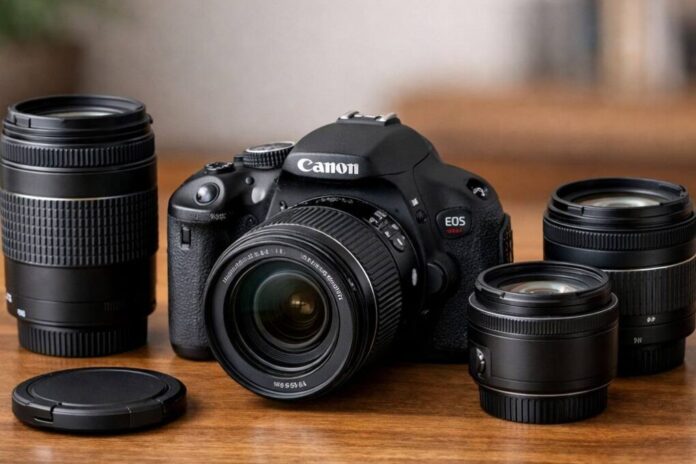 Canon EOS Rebel T3i with EF and EF-S lenses Canon EOS Rebel T3i with a selection of EF and EF-S lenses