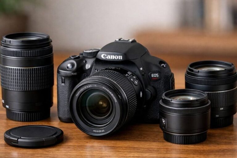 Canon EOS Rebel T3i with a selection of EF and EF-S lenses