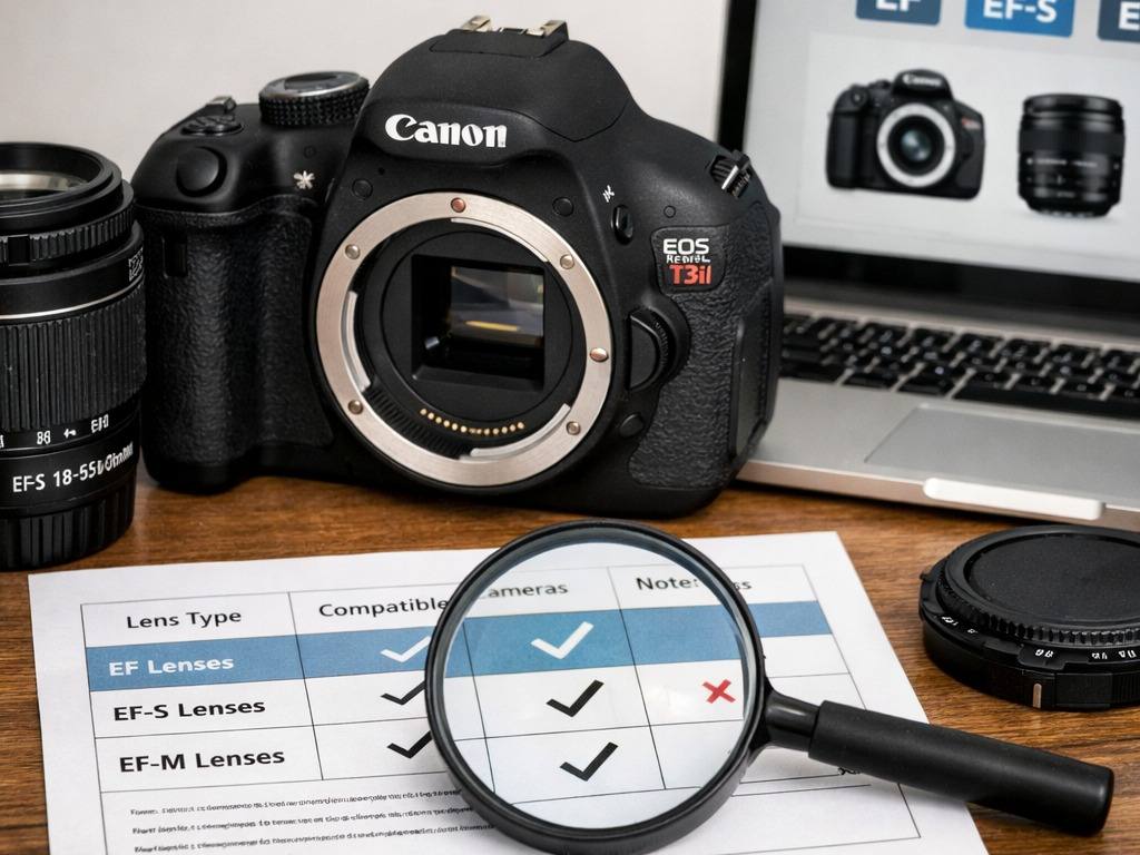 Canon EOS Rebel T3i body and EF-S kit lens during a lens compatibility check