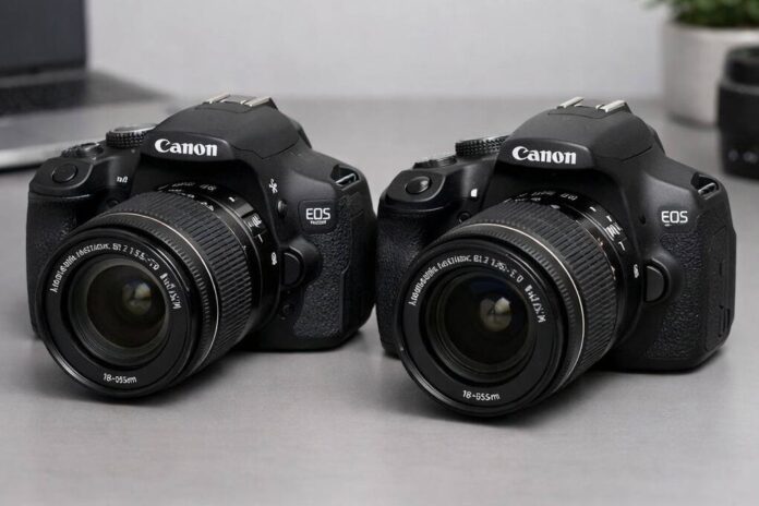 Canon Rebel T3i and T7 DSLR cameras side by side