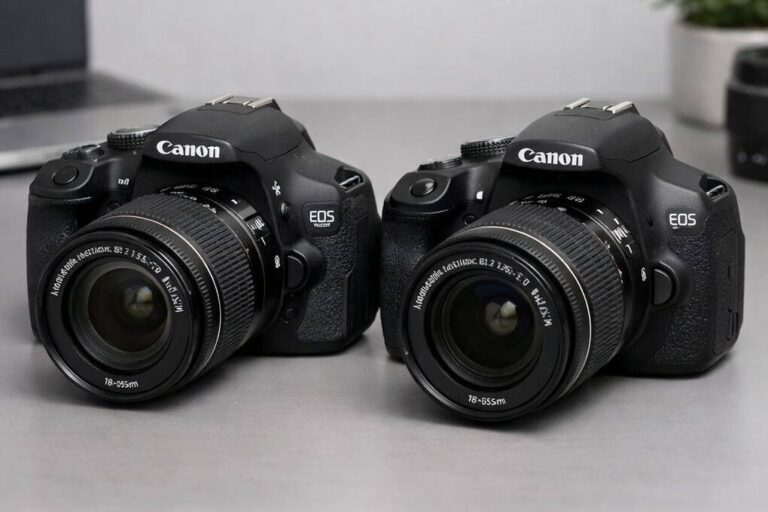 Canon Rebel T3i and T7 DSLR cameras side by side