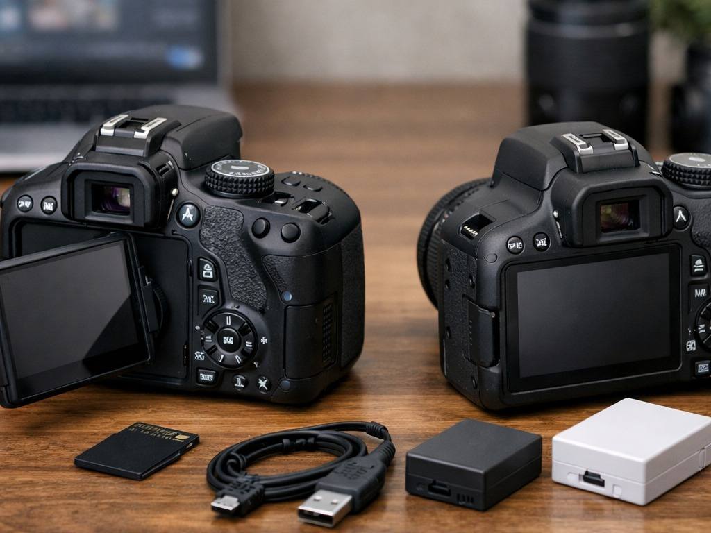 Rear view of Canon Rebel T3i with articulated screen beside Canon Rebel T7 with fixed screen
