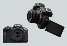 Canon R50 vs R100: Which Camera Kit Should You Buy? Canon EOS R100 at lower left and EOS R50 at upper right with its screen flipped out, both with 18–45mm lenses