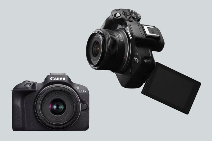 Canon EOS R50 and R100 comparison — Canon product image Canon EOS R100 at lower left and EOS R50 at upper right with its screen flipped out, both with 18–45mm lenses