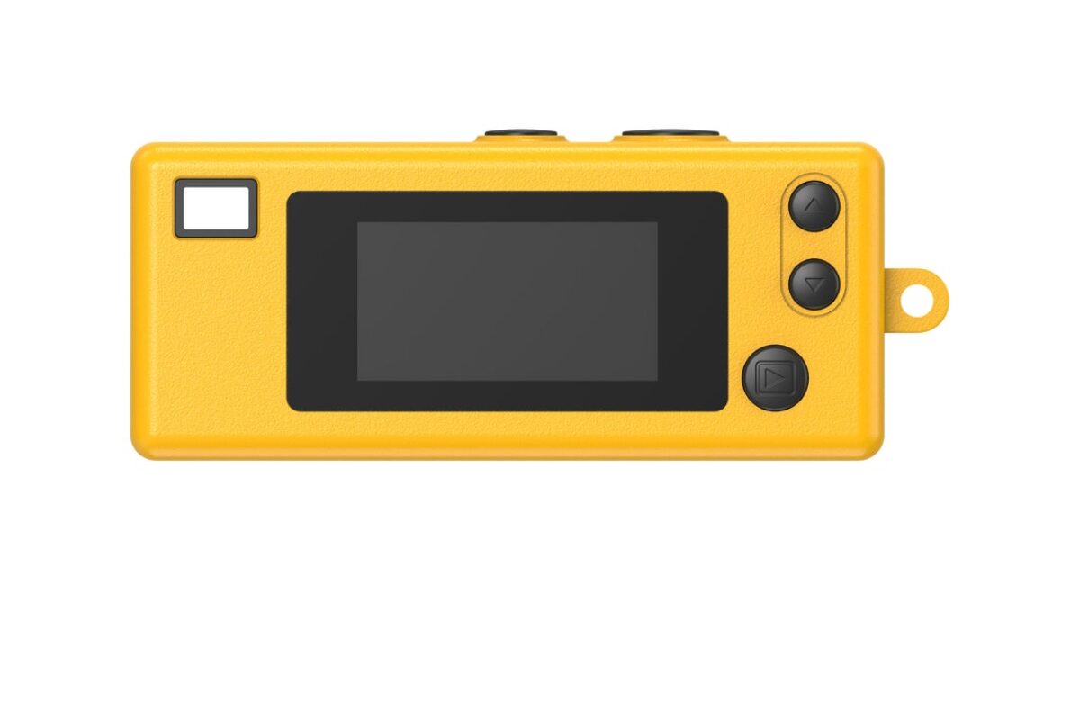 Rear of the yellow Kodak Charmera showing its screen, optical finder and three controls