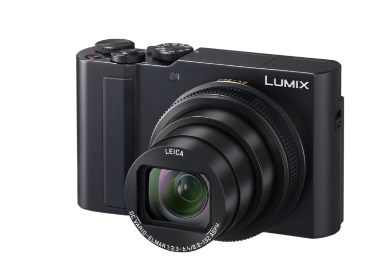 Panasonic Lumix ZS300 black camera with its 15x zoom lens extended
